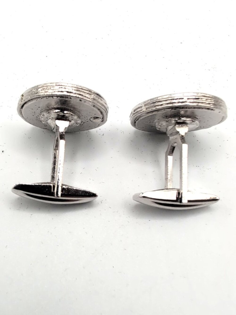 Silver Tone Cufflinks w/ Large Blue Faux Gemstones 7/8" Diam + Matching Tie Tack - Picture 4 of 7